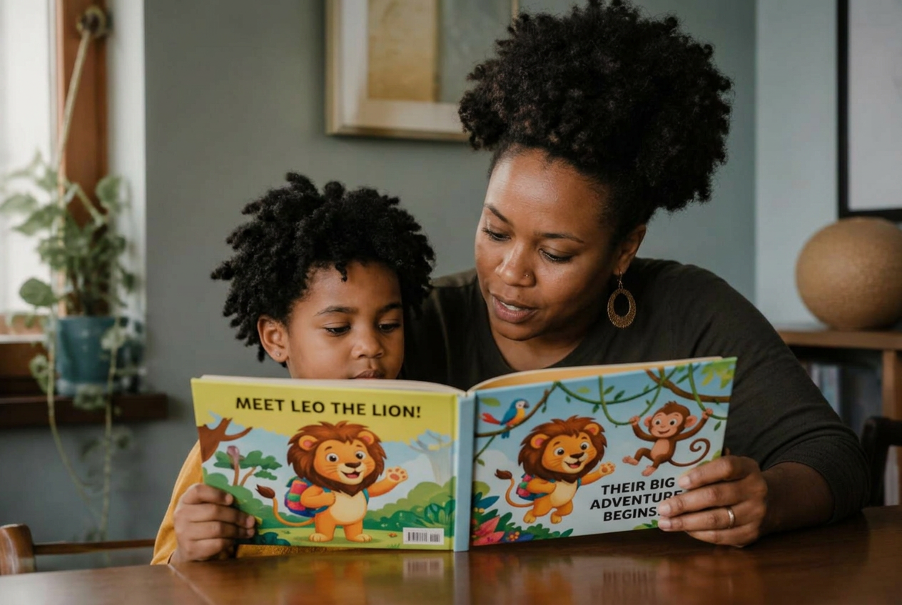 An adult and a child reading a picture book together at a sunlit wooden desk